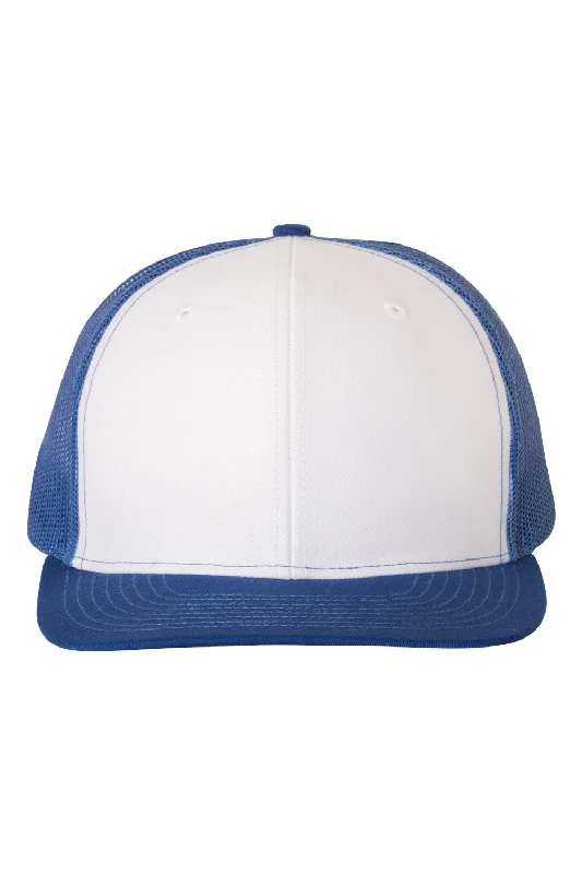 mens hats with light fabric-Richardson Mens Snapback Trucker Hat - White/Royal Blue - Closeout