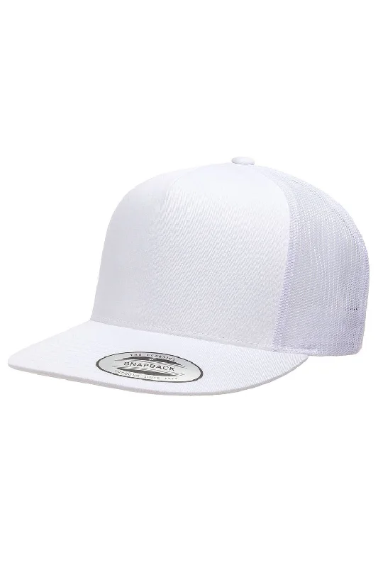 mens hats with firm brim-Yupoong Mens 5 Panel Classic Snapback Trucker Hat - White