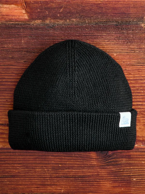 Wool Hats for frosty ridges-Merino Wool Ribbed Beanie in Deep Black