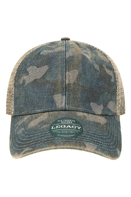 mens hats in peach-Legacy Mens Old Favorite Snapback Trucker Hat - Navy Blue Field Camo/Java