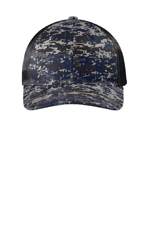 mens hats with hidden pocket-Port Authority Mens Digi Camo Snapback Trucker Hat - Rich Navy Blue Digital Camo/Steel Grey