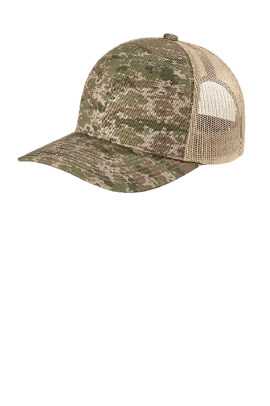 mens hats with shallow crown-Port Authority Mens Digi Camo Snapback Trucker Hat - Olive Drab Green Digital Camo/Coyote Brown