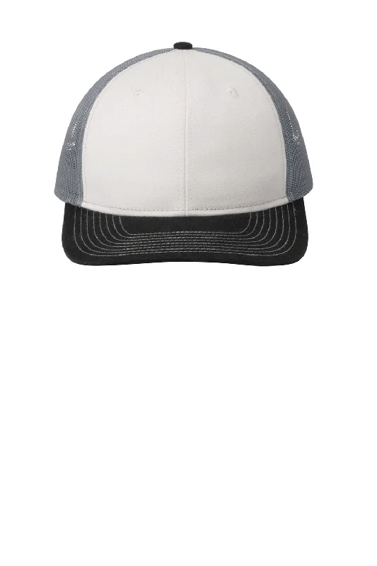 mens hats with firm brim-Port Authority Mens Adjustable Trucker Hat - White/Black/Gusty Grey