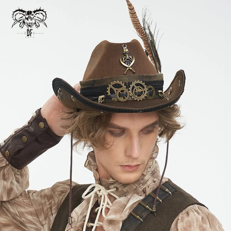 mens hats for sole fishing-Men's Gothic Skull Feather Cowboy Hat