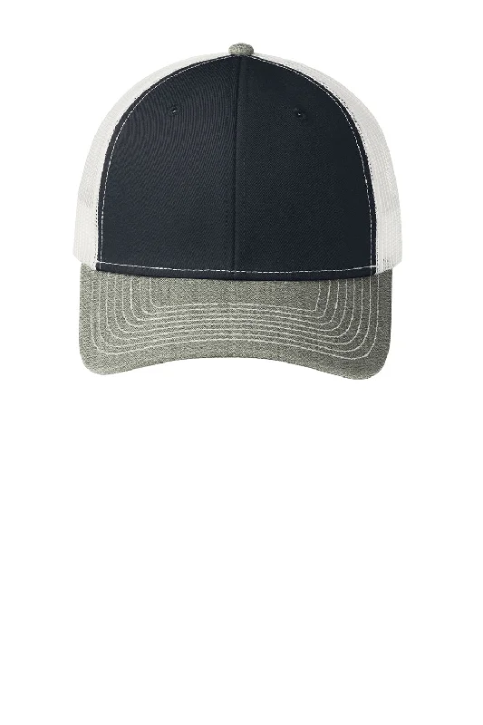 mens hats for seal watching-Port Authority Mens Adjustable Trucker Hat - Rich Navy Blue/Heather Grey/White