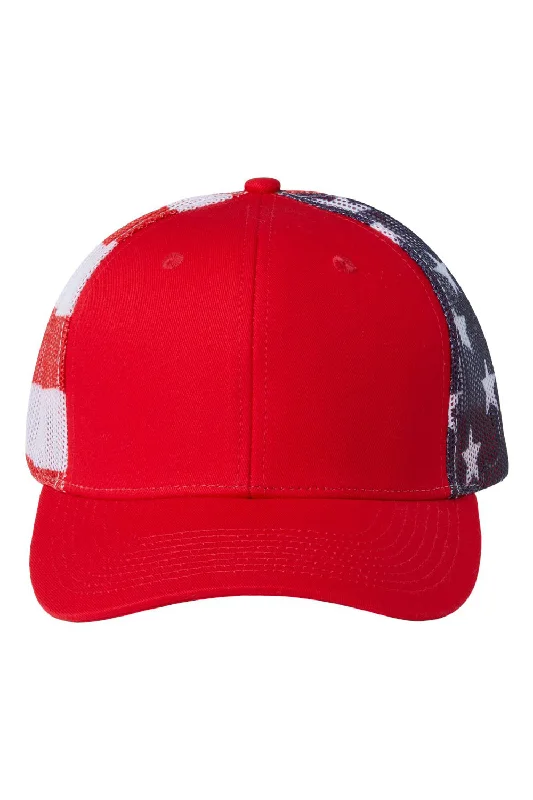 mens hats for stargazing-Kati Mens Printed Mesh Snapback Trucker Hat - Red/USA Flag