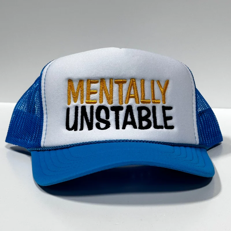 mens hats for crappie fishing-Mentally Unstable (yellow) Vintage Blue Mesh Trucker Snapback Hat Cap Custom Embroidery