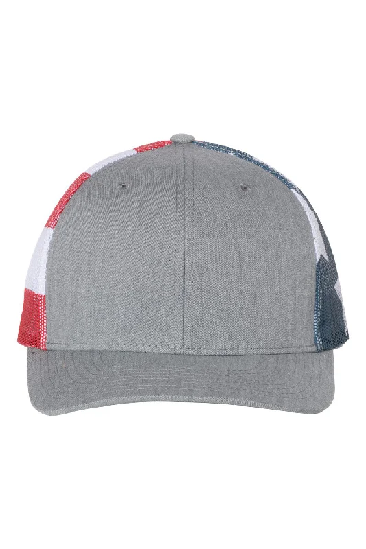 mens hats with striking colors-Richardson Mens Printed Mesh Snapback Trucker Hat - Heather Grey/Stars & Stripes