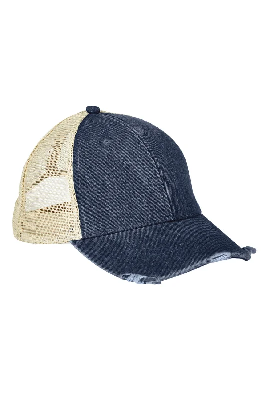 mens hats in merino wool-Adams Mens Distressed Ollie Adjustable Trucker Hat - Dark Denim Blue/Tan