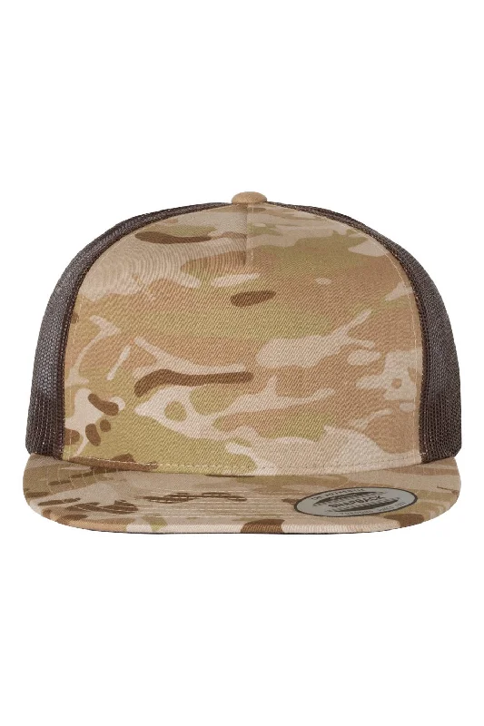 mens hats in leather-Yupoong Mens 5 Panel Classic Snapback Trucker Hat - Multicam Arid/Brown