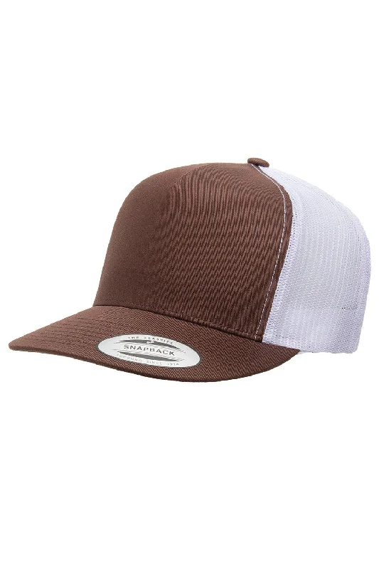 mens hats with heavy fabric-Yupoong Mens 5 Panel Classic Snapback Trucker Hat - Brown/White