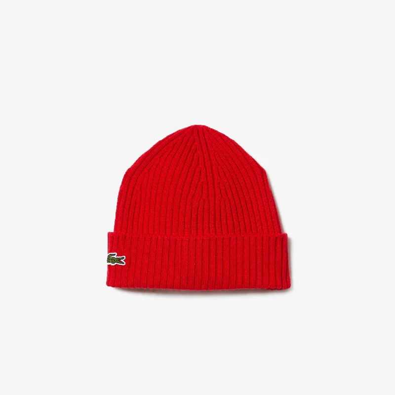 Wool Hats for snowy peaks-Unisex Ribbed Wool Beanie Red