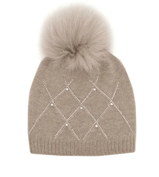 Wool Hats for cozy peaks-Mitchie's Matchings Women's Wool Knit Diamond Weave Hat with Crystals, Pearl and Fox Pom