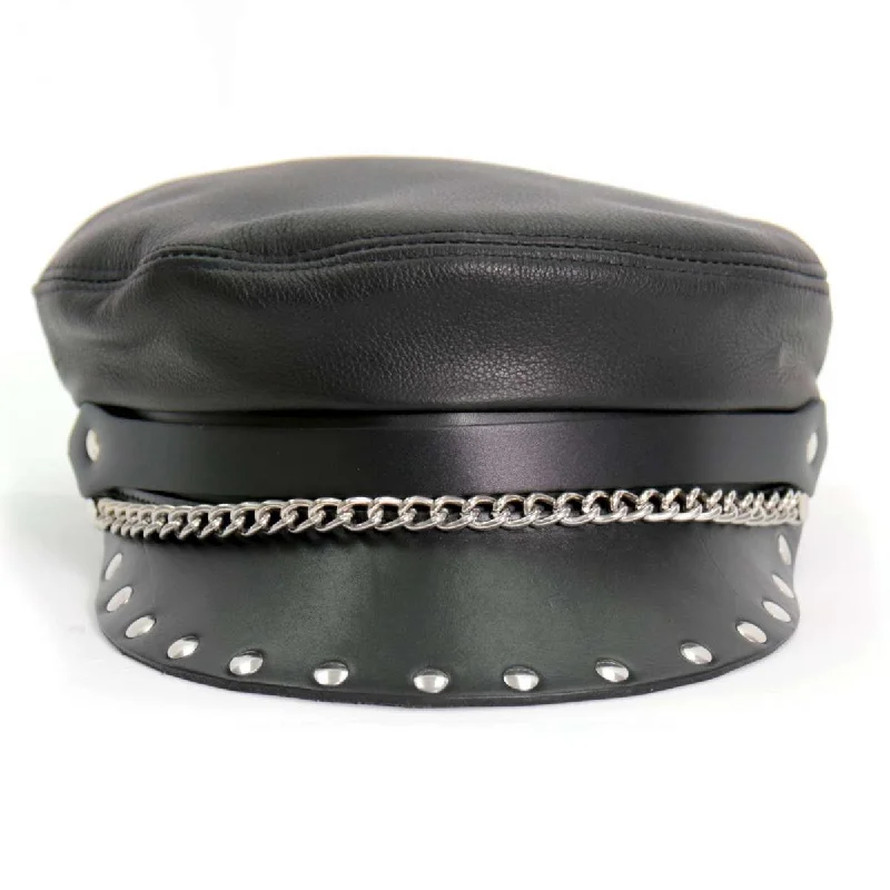 Beanies with warm lining-Hot Leathers Flat Top Biker Leather Cap with Rivets LHA2005