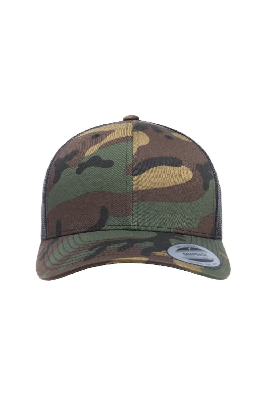 mens hats with side buttons-Yupoong Mens Adjustable Trucker Hat - Green Camo/Black