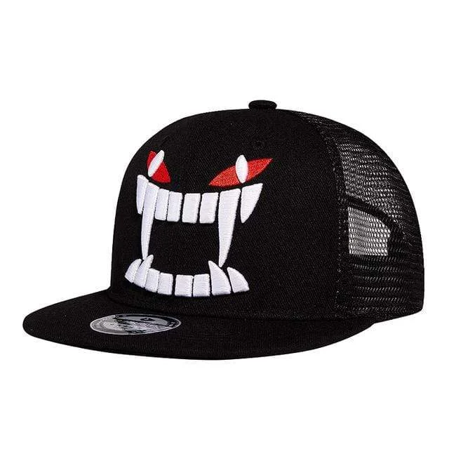 mens hats with reinforced brim-Men's Punk Devil's Teeth Embroidered Mesh Cap