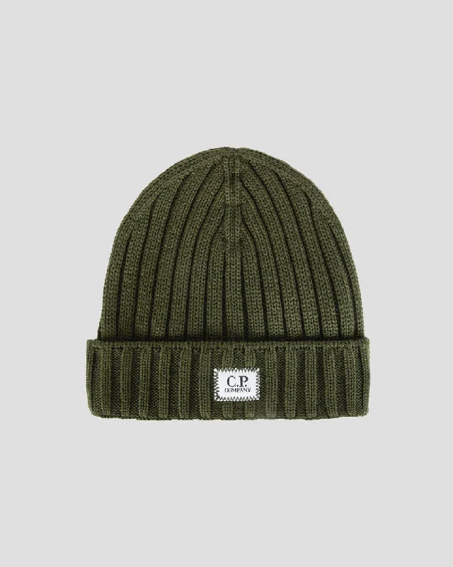 Wool Hats with stretch textures-Extra Fine Merino Wool Logo Beanie IVY Green