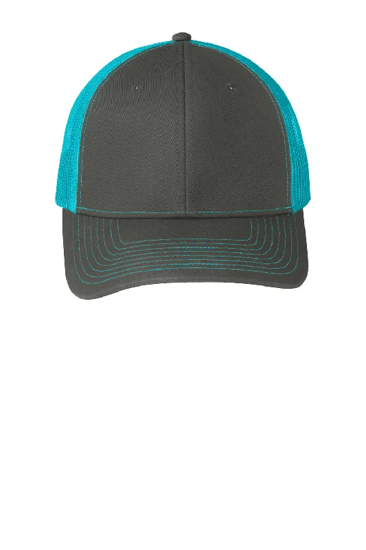 mens hats for prawn fishing-Port Authority Mens Adjustable Trucker Hat - Steel Grey/Neon Blue