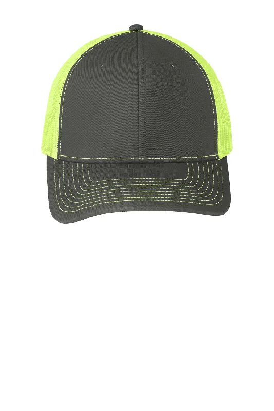 mens hats with modern tones-Port Authority Mens Adjustable Trucker Hat - Steel Grey/Neon Yellow