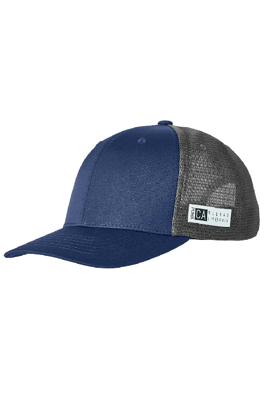 mens hats for vineyard tours-Puma Mens Moisture Wicking Snapback Trucker Hat - Peacoat Blue/Quiet Shade Grey