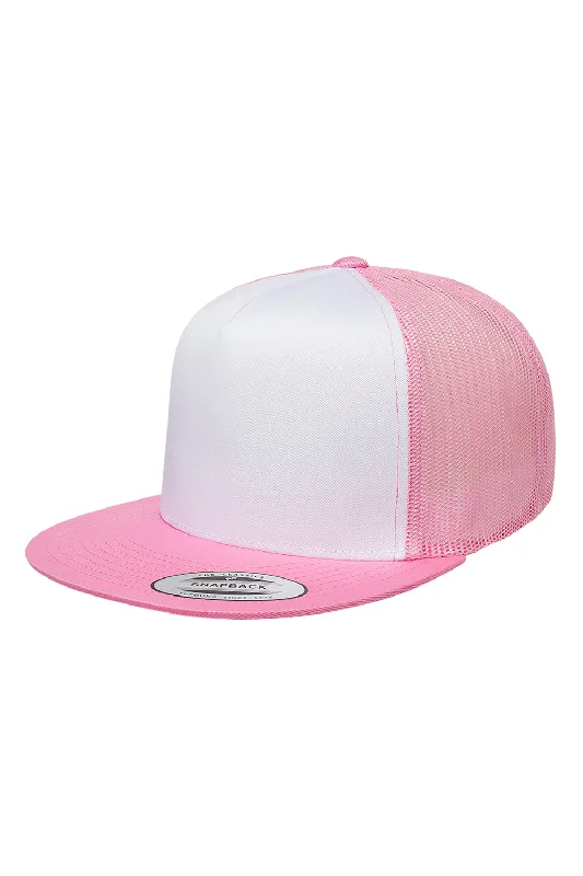 mens hats with vintage wash-Yupoong Mens Adjustable Trucker Hat - White/Pink