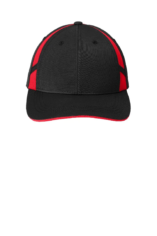 mens hats in navy blue-Sport-Tek Mens Dry Zone Moisture Wicking Adjustable Hat - Black/True Red