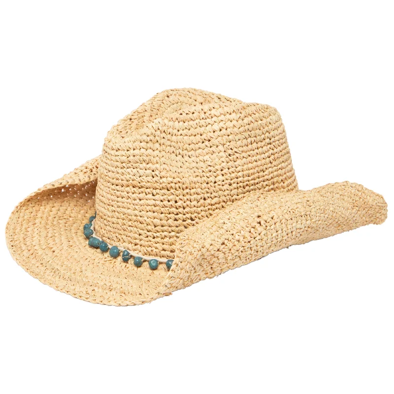 Womens hats for outdoor weddings-Women's Crocheted Raffia Cowboy Hat with Stone Trim