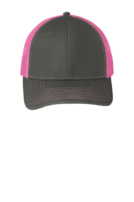 mens hats with light fabric-Port Authority Mens Adjustable Trucker Hat - Steel Grey/Neon Pink