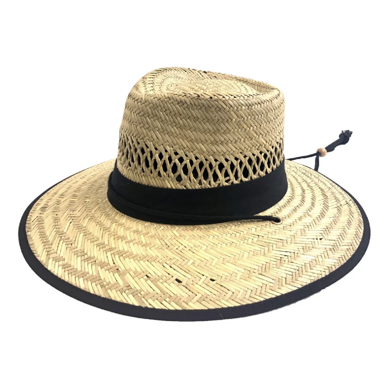 mens hats for bird watching-Men Rush Straw Lifeguard Hat with Adjustable Chin Cord