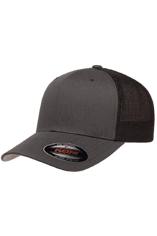 mens hats in jacquard-Flexfit Mens Stretch Fit Trucker Hat - Charcoal Grey/Black