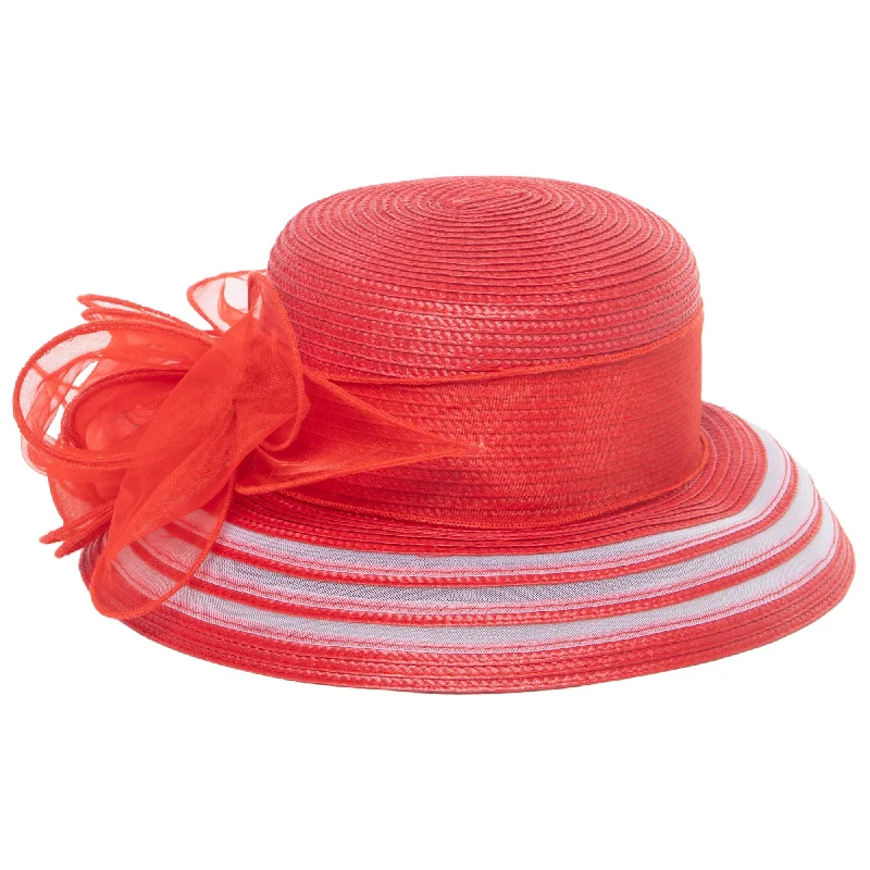 Womens hats in coral-Women's Red Dress Hat with Organza Bow