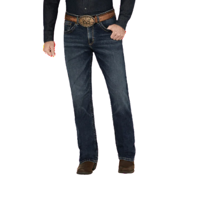 mens hats with medium weight-Wrangler Men's Rock 47 Cowboy Hat Slim Bootcut Stretch Denim Dark Wash Jeans