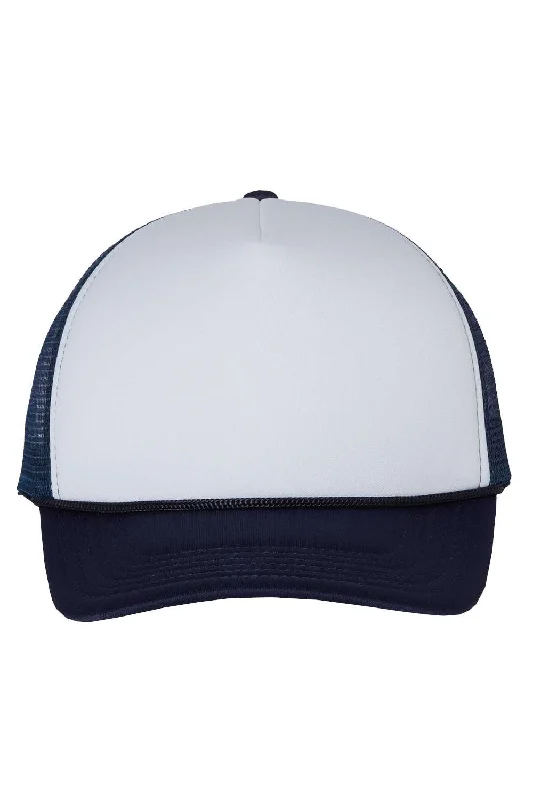 mens hats with sleek patterns-Valucap Mens Foam Mesh Back Snapback Trucker Hat - White/Navy Blue