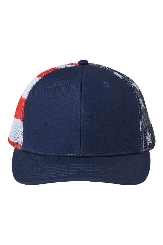 mens hats for movie nights-Kati Mens Printed Mesh Snapback Trucker Hat - Navy Blue/USA Flag