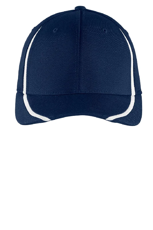 mens hats for date nights-Sport-Tek Mens Moisture Wicking Stretch Fit Hat - True Navy Blue/White