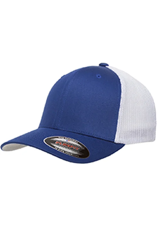 mens hats for beach-Flexfit Mens Stretch Fit Trucker Hat - Royal Blue/White