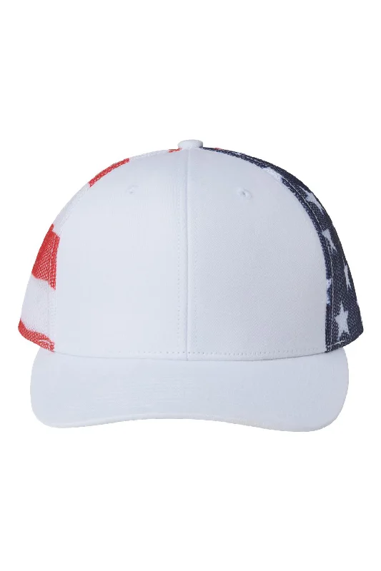 mens hats in organza-Kati Mens Printed Mesh Snapback Trucker Hat - White/USA Flag