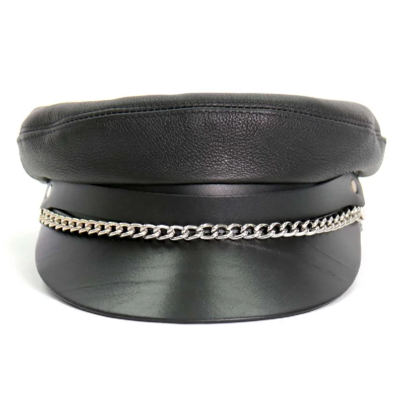 Non-slip headbands for men-Hot Leathers Flat Top Biker Leather Cap With Chain LHA2004