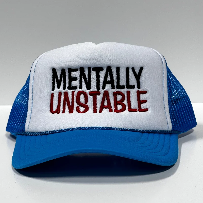 mens hats with trendy colors-Mentally Unstable (Red) on Vintage Blue Mesh Trucker Snapback Hat Cap Custom Embroidery