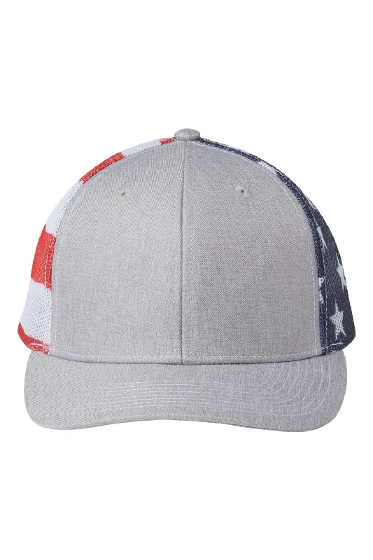 mens hats in mesh fabric-Kati Mens Printed Mesh Snapback Trucker Hat - Heather Grey/USA Flag