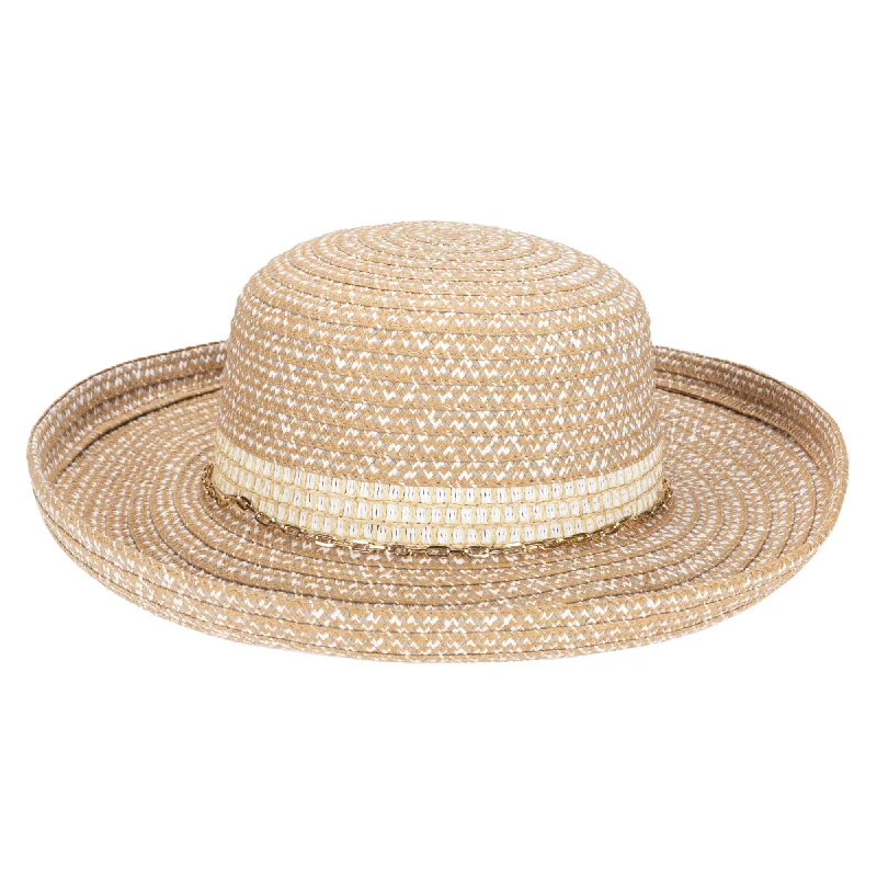 Womens hats for tea parties-Cora - Women's Ultrabraid Turned Up Kettle Brim with Gold Chain Trim