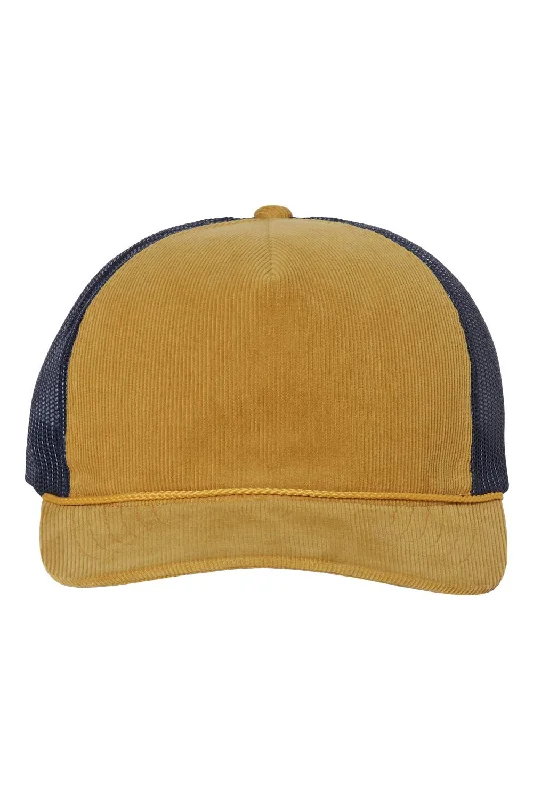 mens hats with sharp patterns-Richardson Mens Troutdale Corduroy Snapback Trucker Hat - Amber Gold/Navy Blue