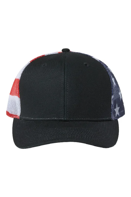 mens hats in ribbed fabric-Kati Mens Printed Mesh Snapback Trucker Hat - Black/USA Flag