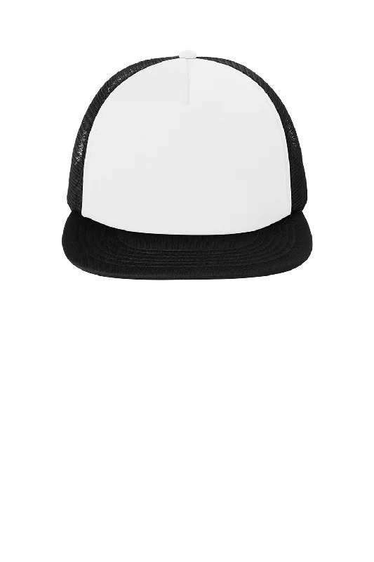 mens hats in sateen-District Mens Flat Bill Snapback Trucker Hat - White