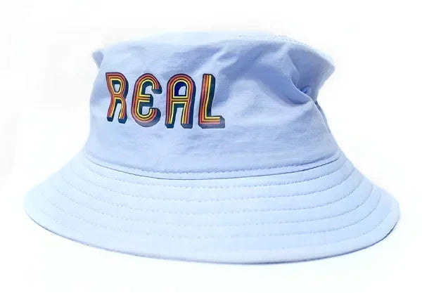 Bucket hats with custom logos-REAL Rainbow Logo Nylon Bucket Hat-Powder