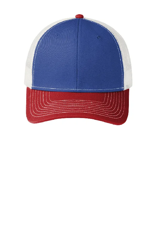 mens hats in deerskin-Port Authority Mens Adjustable Trucker Hat - Patriot Blue/Flame Red/White