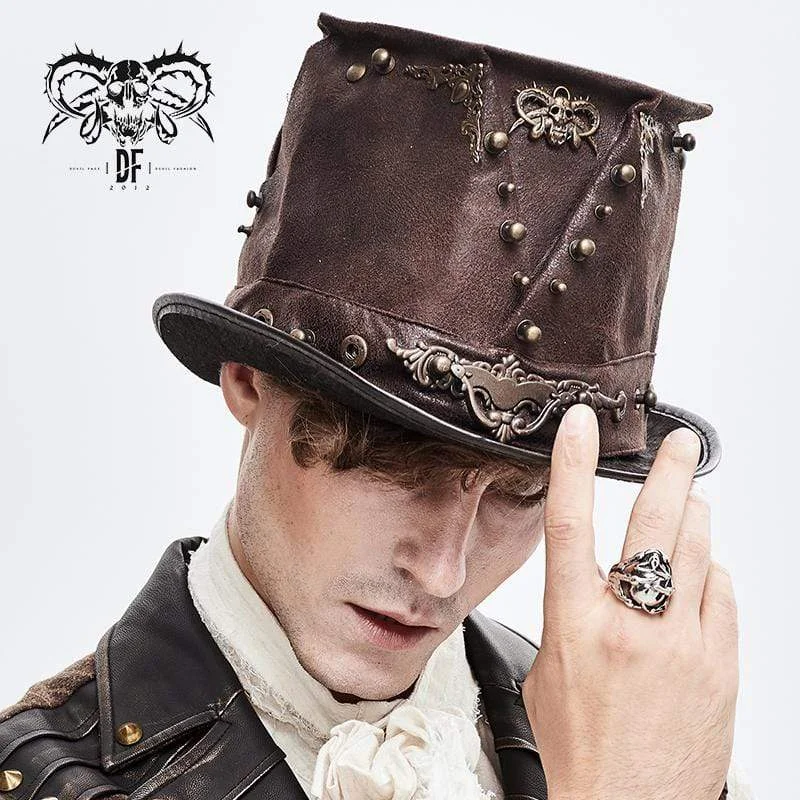 mens hats with geometric patterns-Men's Steampunk Devil Skull Metal Rivets Hats