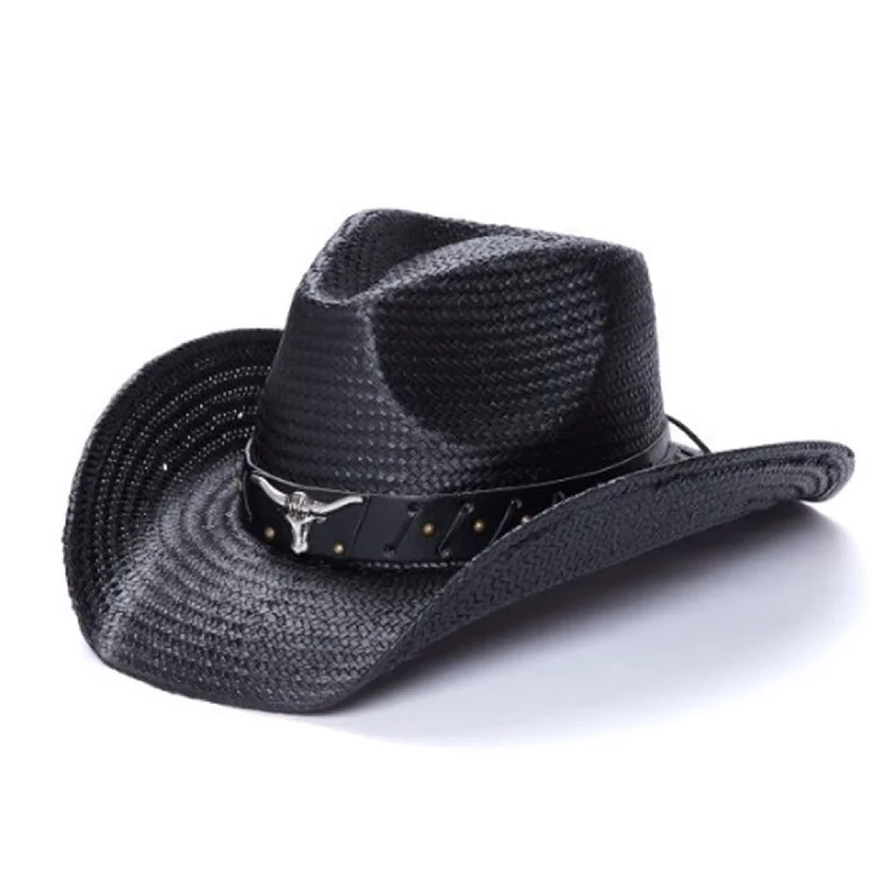 Beanies for music festivals-Black Longhorn Toyo Straw Hat