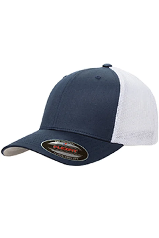 mens hats in purple-Flexfit Mens Stretch Fit Trucker Hat - Navy Blue/White