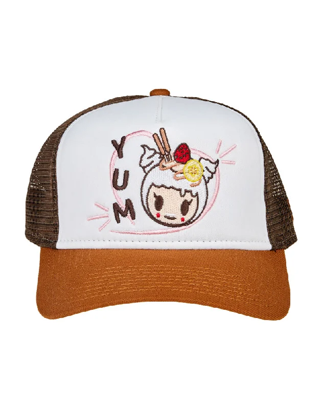 Womens hats with feather applique accents-New Era Yummy Crepe Women's Trucker Snapback